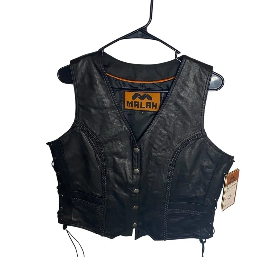 Malah Womens Black Leather Motorcycle Gun Vest‎ Braided Front/Back Side Laces Lg